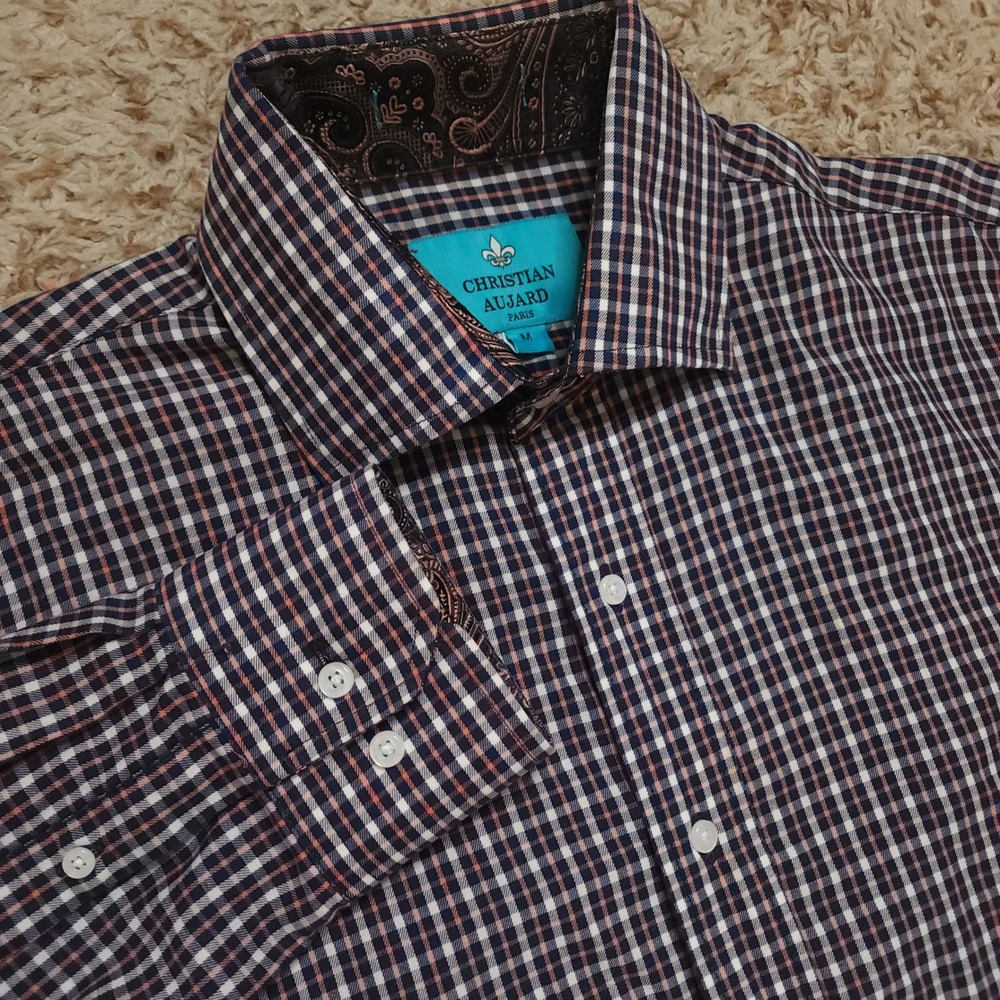 Christian Aujard Button Down Mens M Navy Orange Micro Check Paisley Trim Shirt